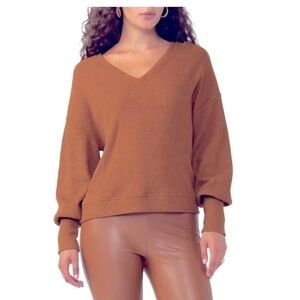 Sanctuary Highline Blouson Sleeve Waffle Knit Top  brown size XL